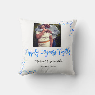 Coussin à 50 ans de mariage feuille bleue photo nom