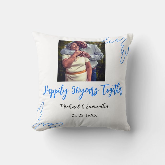 Coussin à 50 ans de mariage feuille bleue photo nom (Recto)