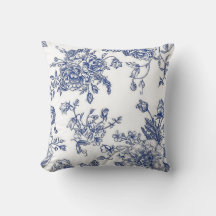 Coussin à accent floral vintage bleu et blanc