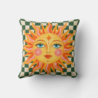 Coussin à carreaux vert et soleil céleste Rétro