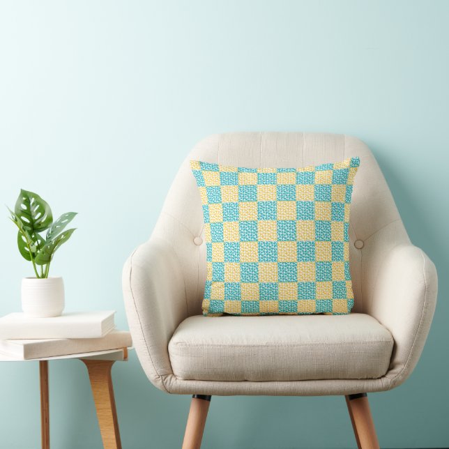 Coussin à damiers Amour en Turquoise, Jaune et Blanc (Chaise)