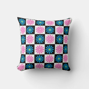 Coussin à damiers Aster bleu rose Floral Abstrait