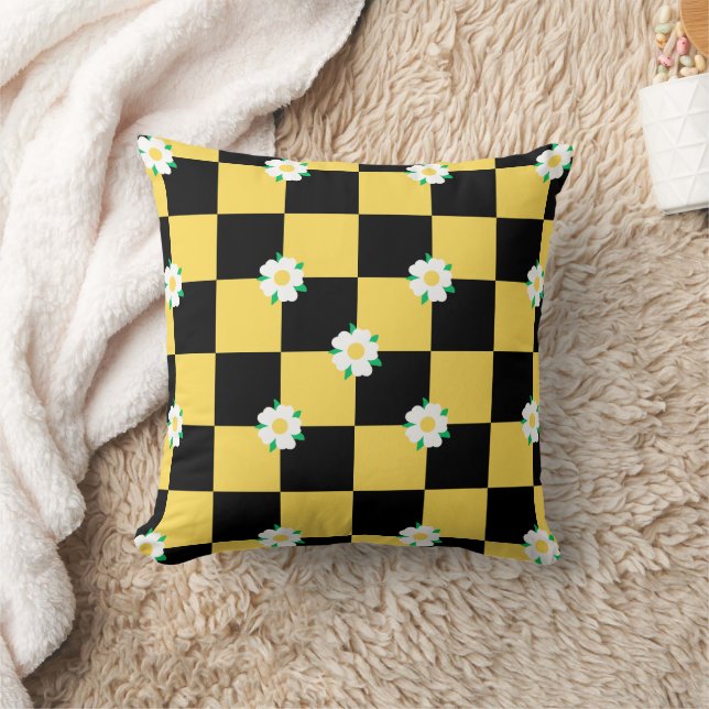 Coussin à damiers fleurs jaune blanc et noir (Couverture)