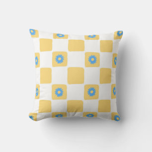 Coussin À damiers Jaune Blanc Avec Motif Fleur Bleu