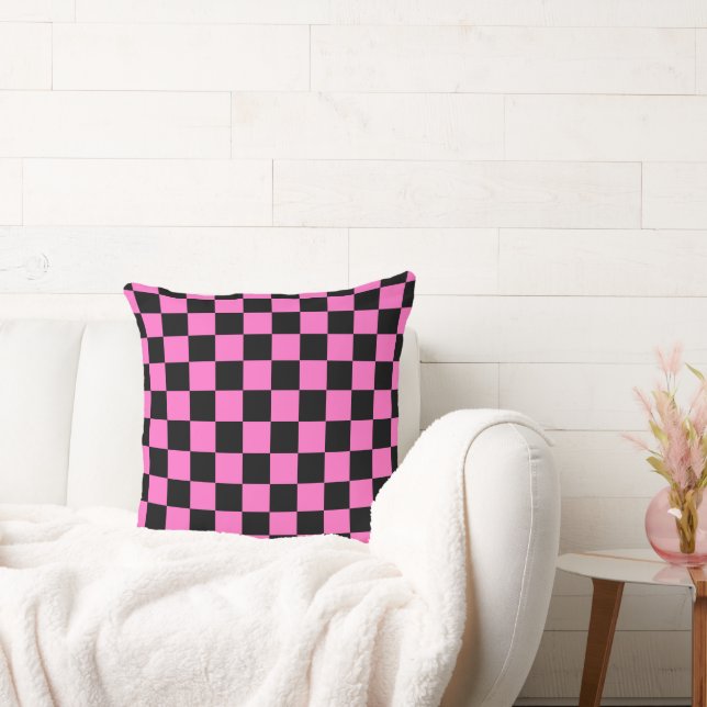 Coussin À damiers noir des années 80 rose électrique (Canapé)