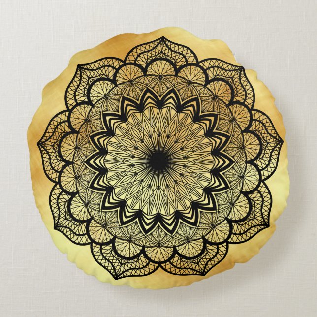 Coussin à Mandala Noir sur Fond Doré Doux (Dos)