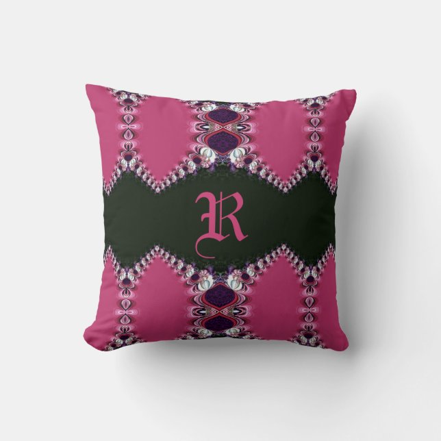 Coussin à monogramme avec dentelle en satin rose (Recto)