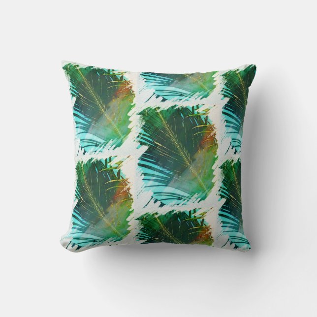 Coussin à motif de feuille de palmier vert pâle pe (Recto)