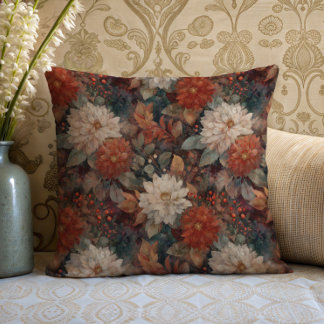 Coussin à motif floral de dahlia automnal vintage