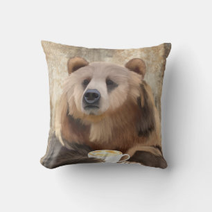 Coussin À Peine Éveillé Ours Sirotant Café Décoratif