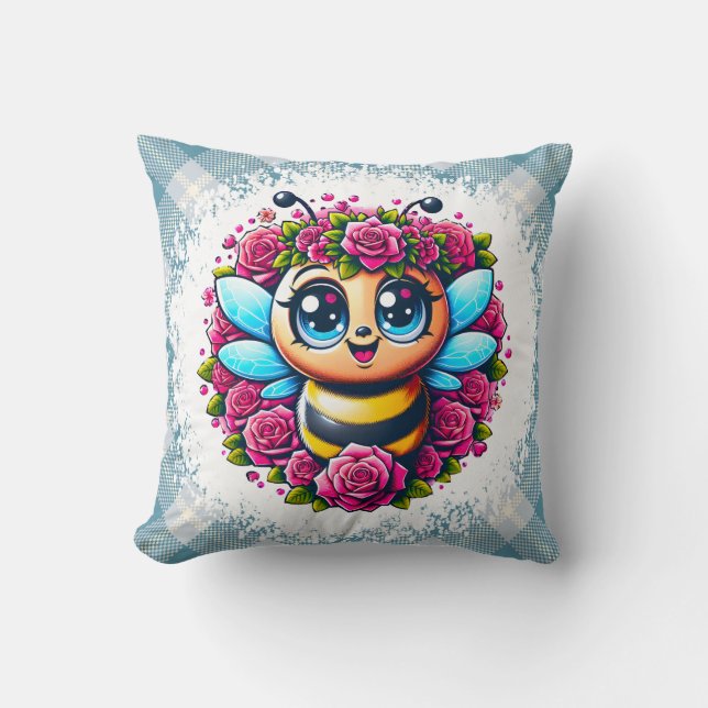 Coussin Abeille Bourdonnante avec Roses Roses (Recto)