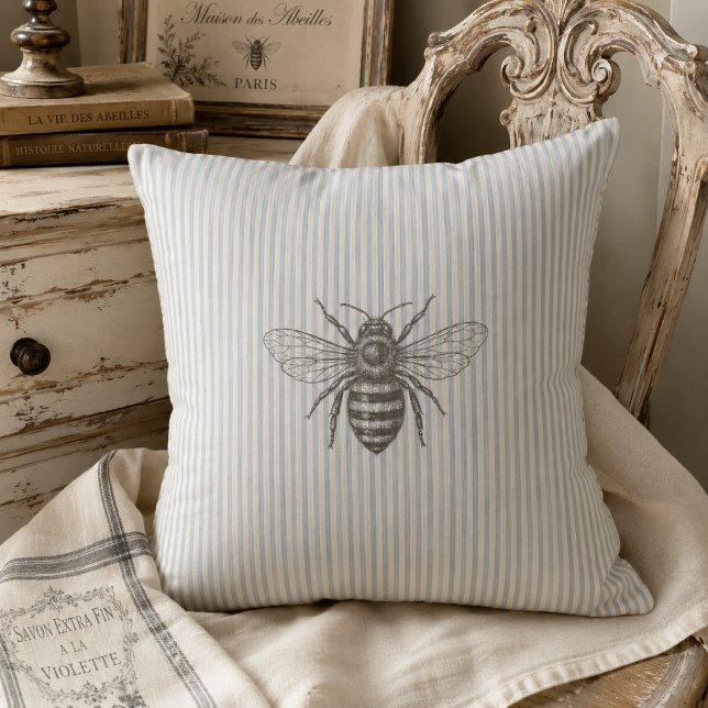 Coussin Abeille de campagne française bleue | Rayure vinta (Créateur téléchargé)
