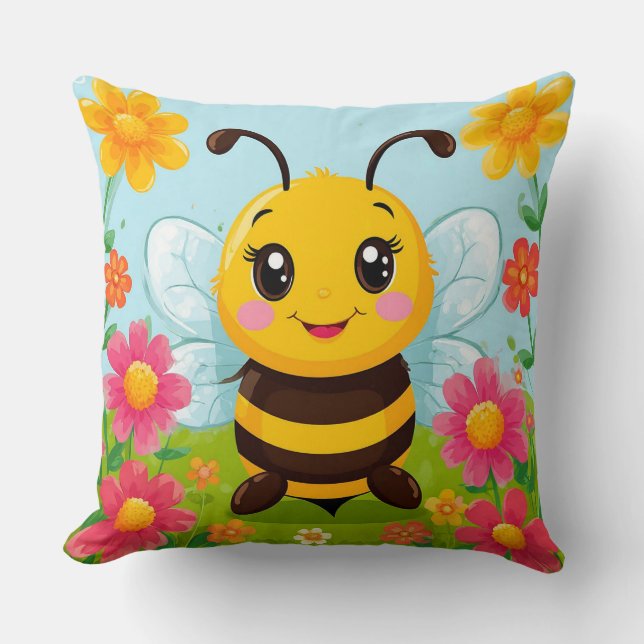 Coussin Abeille de dessin animé joyeuse entourée de fleurs (Recto)
