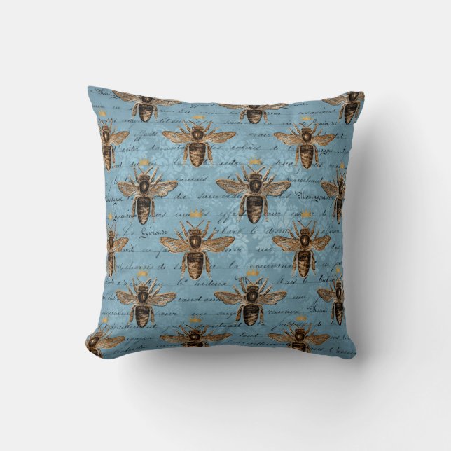Coussin Abeille de miel bleu Vintage (Recto)