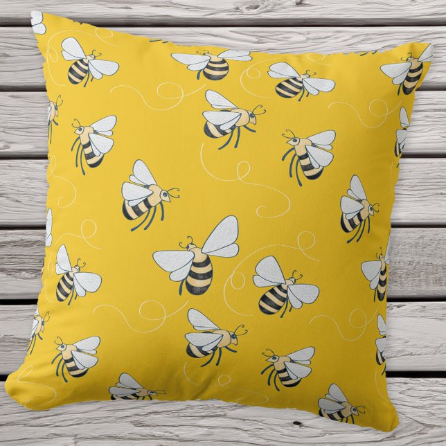 Coussin Abeille de miel jaune (Sunshine yellow honey bee pattern throw pillow for nature and pollinator lovers!)