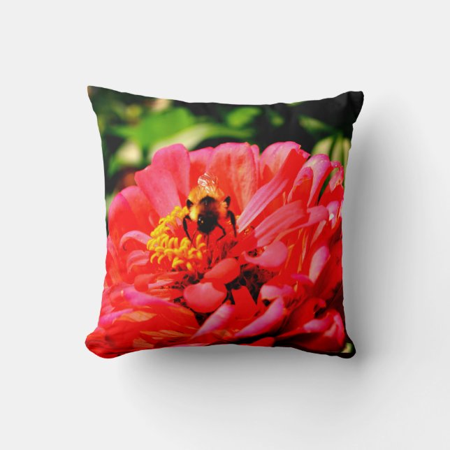 Coussin Abeille et corail Zinnia (Recto)