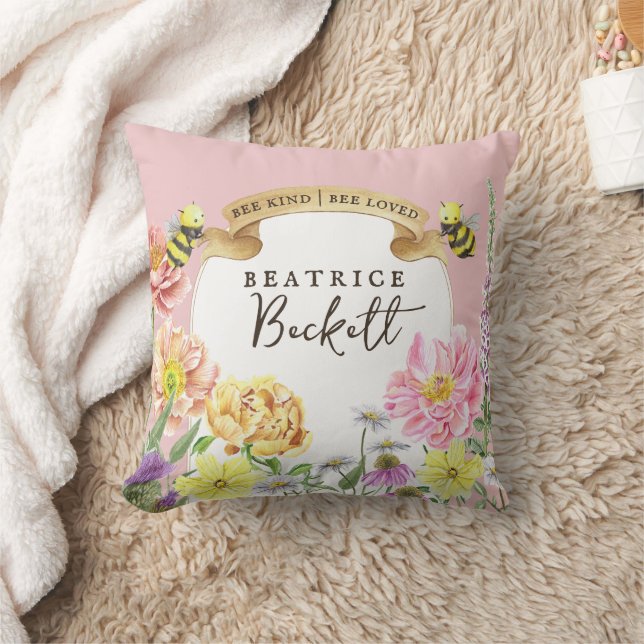 Coussin Abeille rose mignonne et Fleur sauvage garde d'ann (Couverture)