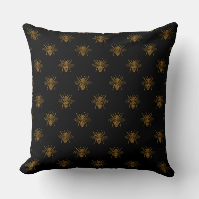Coussin Abeilles à huile métal d'or en noir (Recto)
