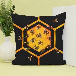 Coussin Abeilles de miel avec dessin d'hexagone jaune oran