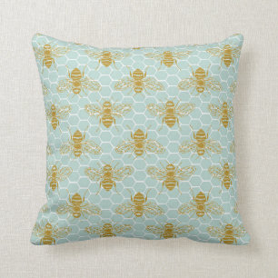 Coussin Abeilles de miel dorées sur nid d'abeille Turquois