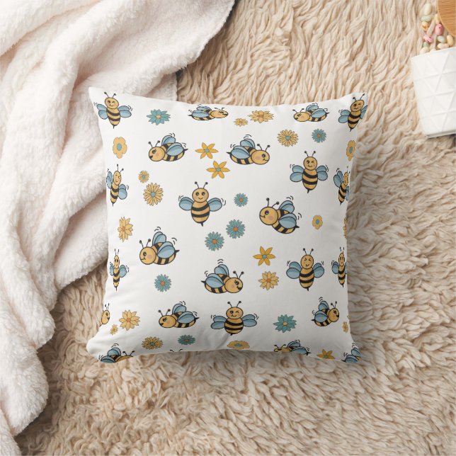 Coussin Abeilles de miel mignonnes et Fleurs sauvages flor (Couverture)