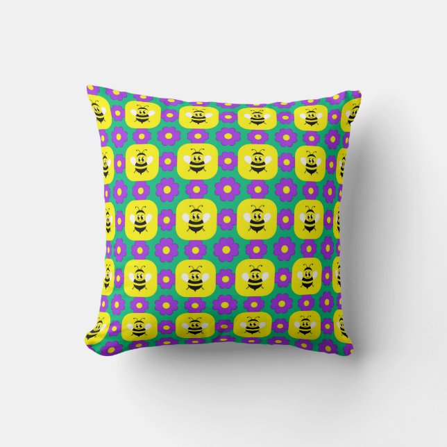 Coussin Abeilles et fleurs de dessin animé (Recto)