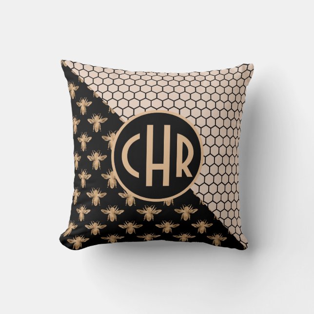 Coussin Abeilles noires et d'or et monogramme d'abeille ro (Recto)