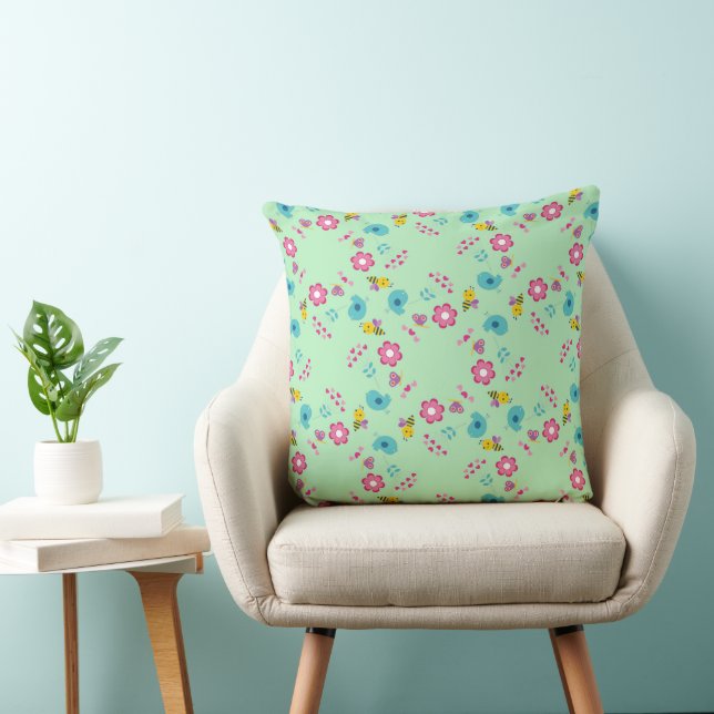 Coussin Abeilles, oiseaux et fleurs vert motif (Chaise)