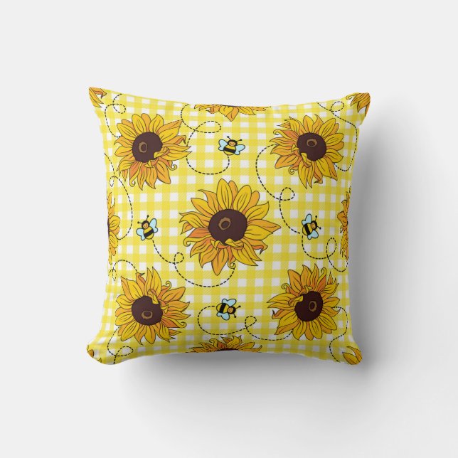 Coussin Abeilles, tournesols, à damiers, motif vintage. (Recto)