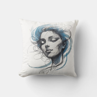 Coussin Abstract Wind Flowing Face – Blue Line Art Pillow