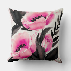 Coussin Abstrait à fleurs rose et noire