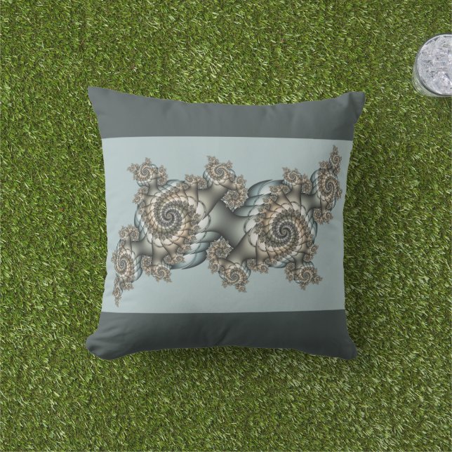 Coussin Abstrait Beige clair Bleu Fractal Art Spirales (Herbe)
