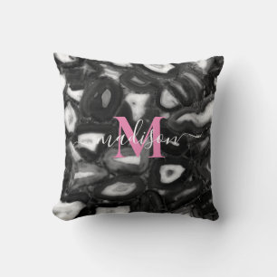 Coussin Abstrait Black White agates script de code monogra