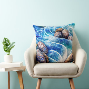 Coussin Abstrait Blue Ocean Wave Marble Agate Gold Art