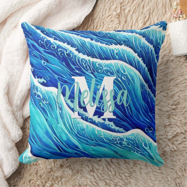 Coussin Abstrait Blue Ocean Waves Monogramme (Couverture)