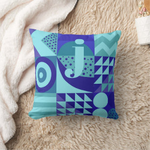 Coussin Abstrait blues greens formes géométriques monogram
