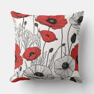 Coussin Abstrait de pavot noir, rouge et blanc