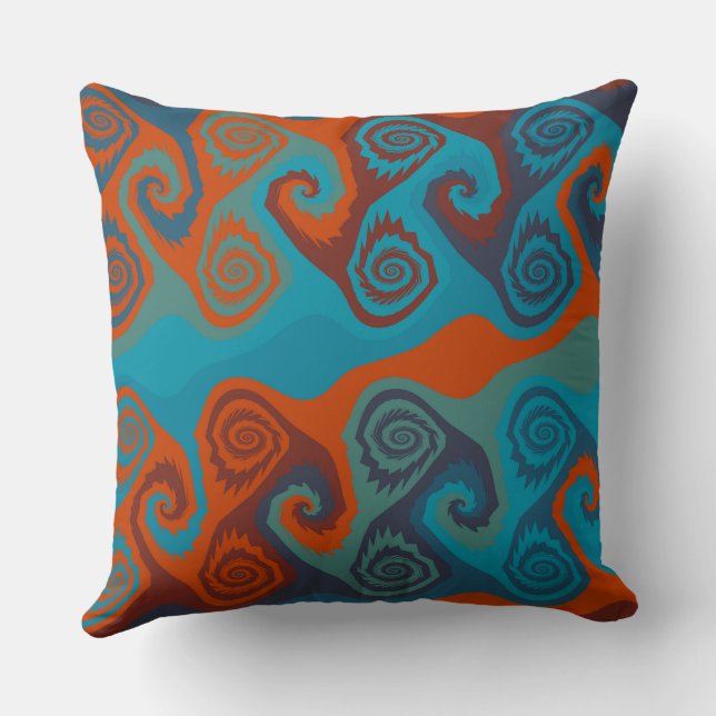 Coussin Abstrait de tourbillon orange et turquoise (Verso)