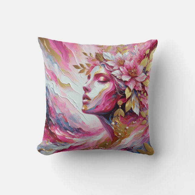 Coussin Abstrait Elegant femme visage rose feuille (Recto)
