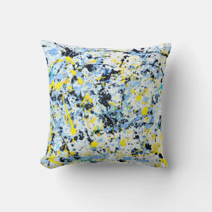 Coussin Abstrait en bleu, jaune et noir