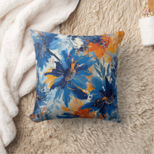 Coussin Abstrait en floral bleu et orange
