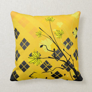 Coussin abstrait floral jaune et noir