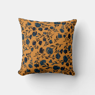 Coussin Abstrait floral moutarde et bleu chic