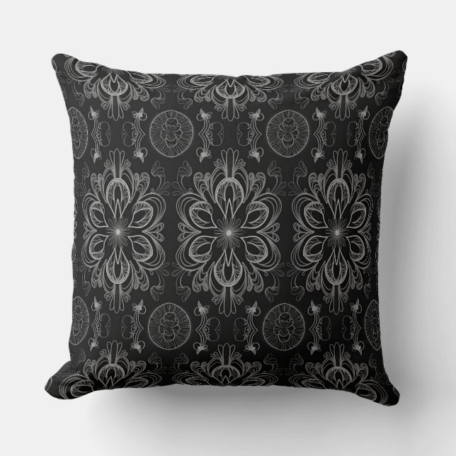 Coussin Abstrait Floral Noir Et Gris (Recto)