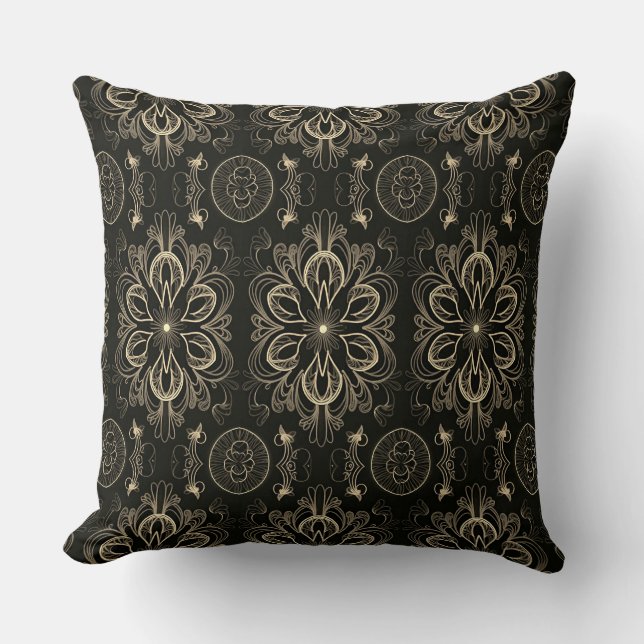 Coussin Abstrait Floral Noir Et Or (Recto)