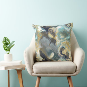 Coussin Abstrait fractal turquoise, gris et or