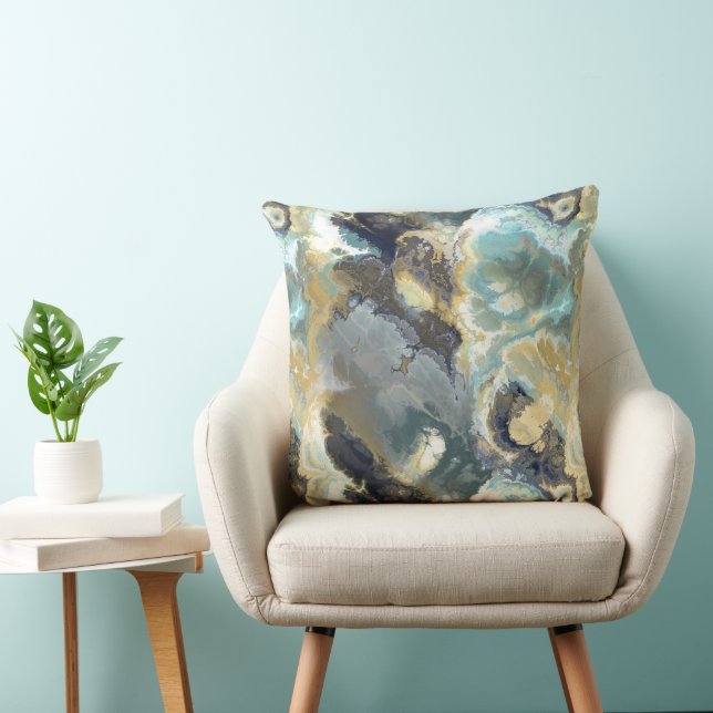 Coussin Abstrait fractal turquoise, gris et or (Chaise)