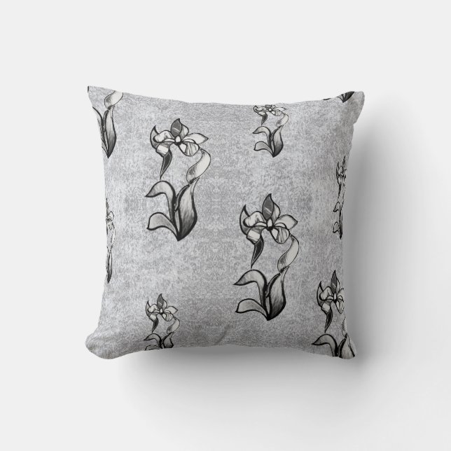 Coussin Abstrait grand noir fleurs de néon blanc sur argen (Recto)