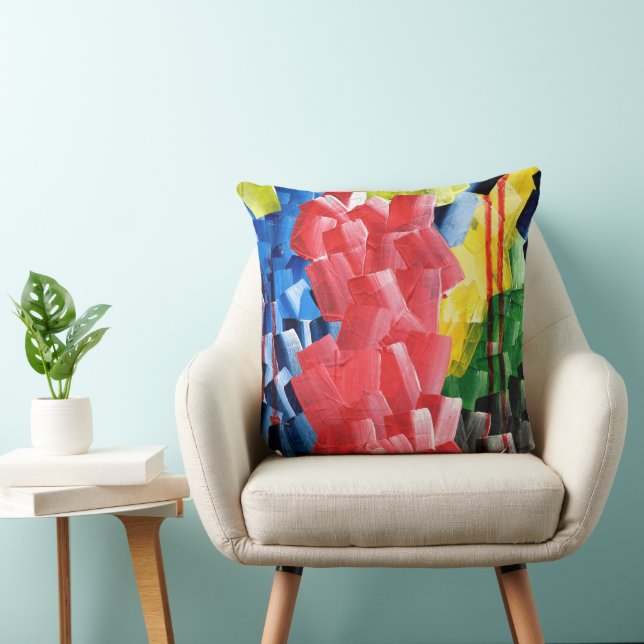 Coussin Abstrait Gras en Rouge, Bleu, Jaune et Vert (Chaise)