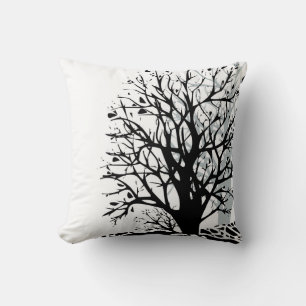 Coussin Abstrait moderne arbre noir silhouette ombre blanc